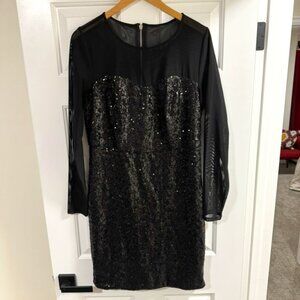 Sheer Long-Sleeve Black Sequin Dress XL